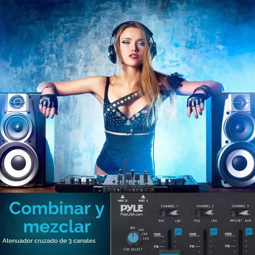 Vista 6 de Mezclador de audio inalámbrico Pyle DJ - Controlador DJ compatible con Bluetooth de 3 canales, mezclador de sonido, micrófono con función