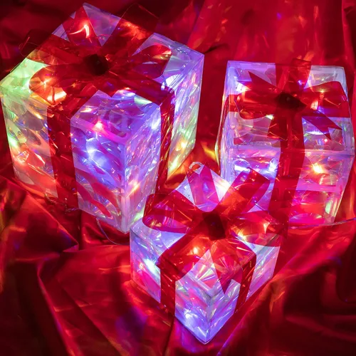 Vista 5 de Hourleey - Juego de 3 cajas de regalo iluminadas de Navidad, 60 luces LED preiluminadas, cajas de regalo decorativas para árbol de Navidad