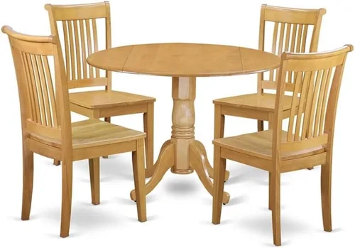 Vista 8 de East West Furniture DLPO3-OAK-C Dublin - Juego de 3 piezas que contiene una mesa de comedor redonda con gotas y 2 sillas de cocina de tela de lino
