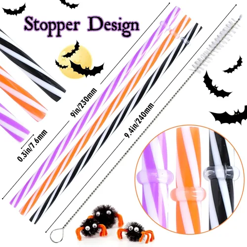 Vista 3 de Whaline 60 popotes de plástico reutilizables para Halloween con 2 cepillos de limpieza para pajillas, color naranja, morado, negro, rayas