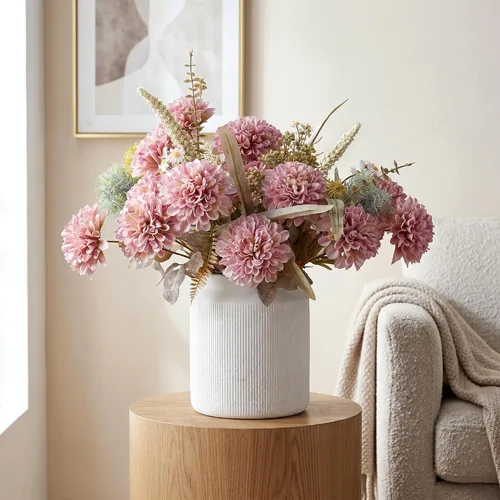 Vista 7 de 10 cabezas de flores artificiales para mamás, para jarrón, crisantemo grande de seda sintética con tallos, ramo falso para decoración del hogar Beige