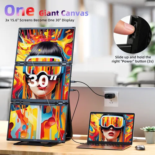 Vista 3 de Extensión de Pantalla Cuádruple para Laptop, Monitor Triple FHD de 15.6" 1080P, Combinado en una Pantalla de 30" (Paisaje/Retrato), Solo 1 Cable
