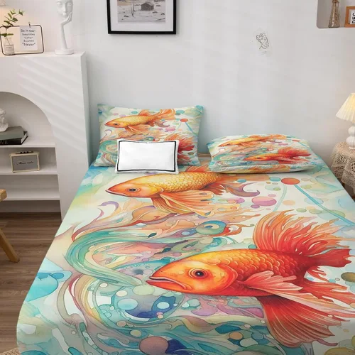 Vista 2 de Koi Fish Sábanas tamaño individual, sábanas de estilo japonés, sábanas y fundas de almohada estampadas de 3 piezas, sábana bajera ajustable