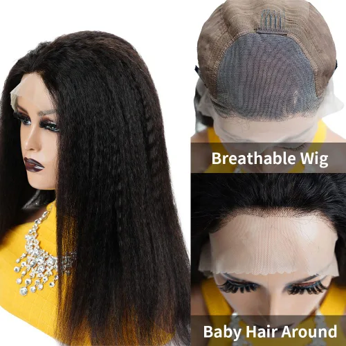 Vista 4 de ZIYU Pelucas frontales de encaje 13X4 de cabello humano liso rizado para mujeres, peluca de cabello humano liso rizado de 16 pulgadas con línea