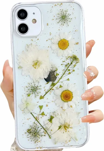 Vista 9 de LSEEKA Funda transparente para iPhone 11 con diseño de flores prensadas reales, linda y brillante, patrón floral rosa, funda protectora delgada
