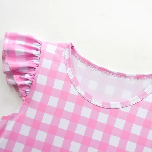 Vista 5 de IWEMEK Vestido de cuadros rosa de los años 50 para niñas, vestido a cuadros rosa con sombrero y lazo para el pelo a cuadros, 3 piezas, disfraz