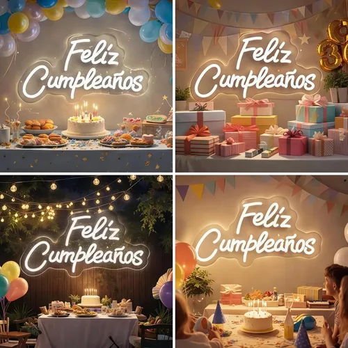 Vista 4 de Letrero de neón personalizado con texto en inglés «Feliz Cumpleaños», luz LED de pared para cumpleaños, decoración de fiestas, patio trasero