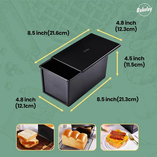Vista 2 de Molde para pan comercial Pullman con tapa, capacidad de masa de 1 libra, caja de tostadas plana rectangular antiadherente para hornear al horno, 8.3
