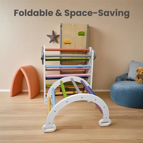 Vista 9 de Pikler - Juego de escalada triangular para niños pequeños 7 en 1, juego de escalador de interior de arco iris, plegable, juguete de escalada