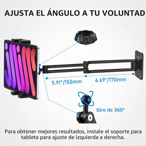 Vista 2 de Urmust Soporte de pared para tableta para iPad, rotación de 360°, soporte ajustable para tablet con brazo extensible de aluminio, para iPad