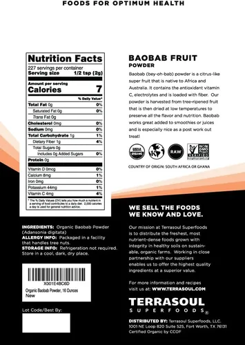 Vista 2 de Terrasoul Superfoods Polvo de fruta Baobab orgánico, 12 onzas
