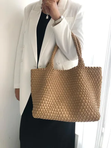 Vista 7 de Vipost Bolsa de mano tejida para mujer, bolsa de playa grande de cuero vegano con bolso, bolso de viaje con asa superior, bolsas de hombro tejidas