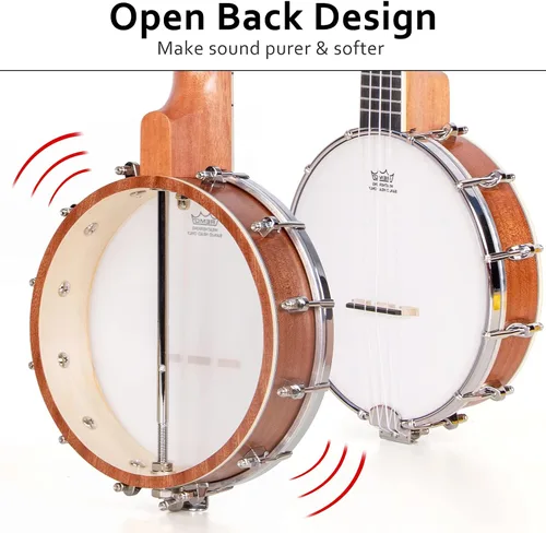 Vista 2 de Banjolele, Sapele Travel Banjolele 26 pulgadas 4 cuerdas lotmusic Remo Drumhead espalda abierta con kit para principiantes cuerda extra Allen Wrench