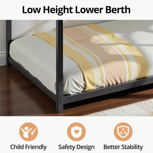 Vista 4 de INCLAKE Litera de tamaño individual sobre individual, base de cama de metal resistente con escalera integrada y riel de protección de seguridad