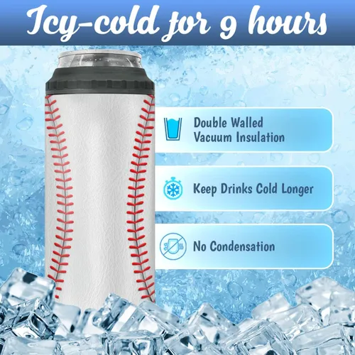 Vista 2 de winorax Vaso de béisbol 4 en 1, enfriador de latas de béisbol de acero inoxidable, vasos aislados para café, taza de viaje con tapa, vasos de regalo