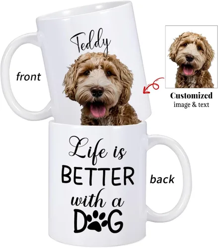 Vista 2 de Taza personalizada para perros – Life is Better with a Dog – Taza de café personalizada de 11 onzas para los amantes de los perros – Taza de foto