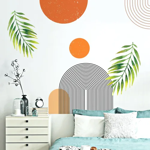 Vista 7 de Calcomanías de Pared Bohemias de Mediados de Siglo Modernas Despegar y Pegar, Pegatinas de Vinilo de Pared de Arcos Grandes Sol, Hojas Plantas