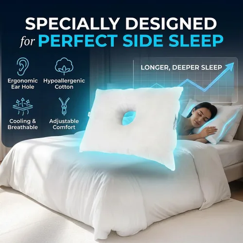 Vista 2 de SleepEasy - Almohada CNH de algodón cómoda con orificio para las orejas para dormir de lado, alivio de presión y dolor, ergonómica, transpirable e