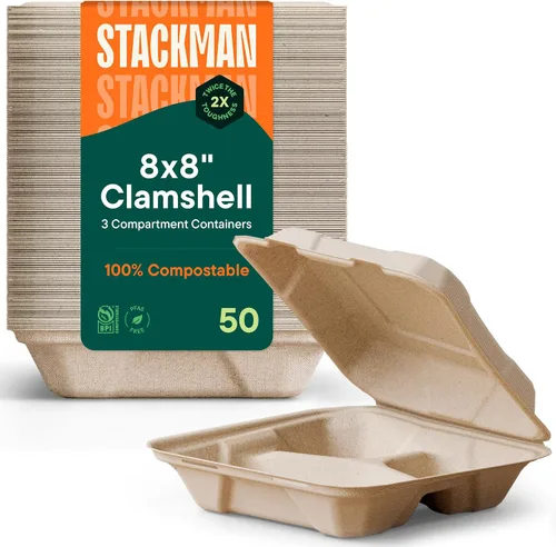 Vista 7 de Recipientes ecológicos para preparación de comidas con 3 compartimentos [paquete de 50 unidades de 8 x 8 x 3 pulgadas], desechables para llevar tipo