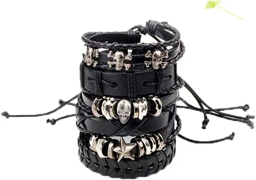 Vista 2 de TURTLEDOVE Pulsera ancha de cuero trenzado - Pulsera punk con calavera para motociclista, rockero