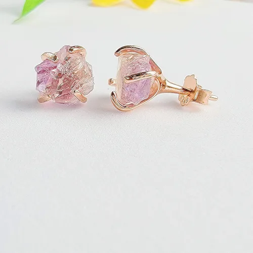 Vista 43 de Aretes de piedra preciosa natural en bruto con oro rosa sobre plata de ley 925, 6 a 0.276 in, regalo de piedra de nacimiento de calidad genuina