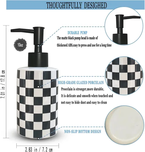 Vista 6 de Dispensador de jabón de baño con bomba negra mate, dispensador de jabón de cerámica blanca para cocina, patrón de cuadros, botella de bomba vacía
