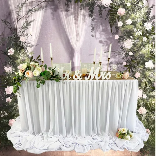 Vista 8 de Falda de mesa de chiffon con longitud extra, 6 pies, 9 pies, 14 pies, mantel transparente, para baby shower, cumpleaños, decoración principal