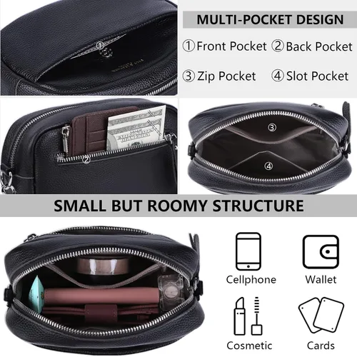 Vista 5 de Bolso cruzado para mujer de cuero genuino con correa ancha, bolso de hombro, bolso de mano, diseño moderno, bolso cruzado para cámara, cierre