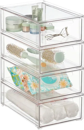 Vista 9 de mDesign - Contenedores organizadores de almacenamiento apilables de plástico para baño con cajón frontal extraíble para encimera de baño, tocador