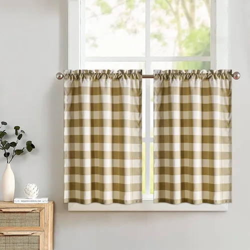 Vista 16 de VOGOL Cenefa de cuadros marrón con textura de lino para dormitorio, sala de estar, diseño de bolsillo para barra, fácil de colgar, 52 x 12 pulgadas
