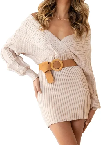 Vista 2 de Suéter de punto casual con cuello en V para mujer, elegante, de manga larga, elástico, ajustado, acanalado