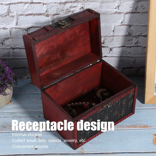 Vista 4 de Cofre del tesoro de madera caja de almacenamiento del pecho diseño antiguo pequeño tesoro caja de joyería organizador de joyería 02