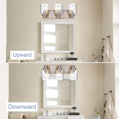 Vista 8 de Lámpara de tocador de baño de 3 luces de níquel cepillado, accesorios de iluminación sobre espejo con pantalla de vidrio transparente, modernos