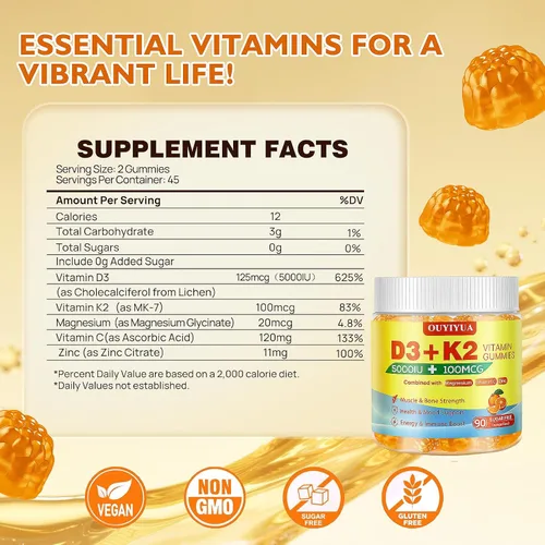 Vista 2 de Gomitas de vitamina D3 K2, vitamina D3 5000IU + K2 (MK-7) 100mcg gomitas para adultos Apoyo a la salud inmunológica, aumento de la función dental