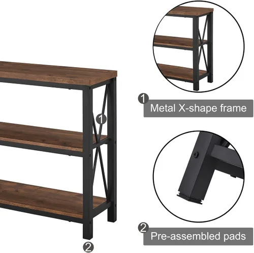 Vista 6 de Mesa de consola rústica detrás del sofá, mesa industrial de entrada con estantes, mesas de sofá de 3 niveles estilo granja para sala de estar, Roble