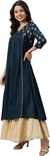 Vista 4 de Janasya Kurta de rayón verde azulado para mujer india