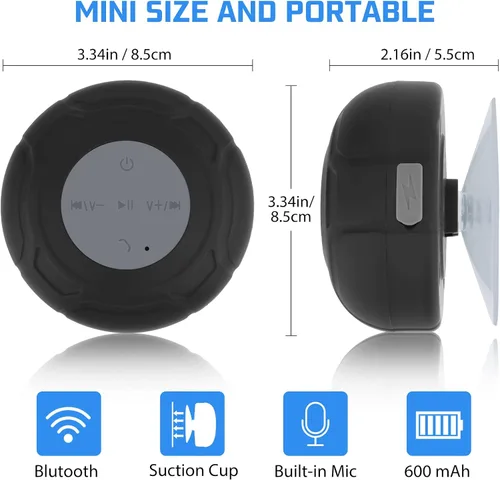Vista 5 de Altavoz de ducha Bluetooth impermeable portátil inalámbrico resistente al agua altavoz ventosa, micrófono integrado regalos para niños altavoz