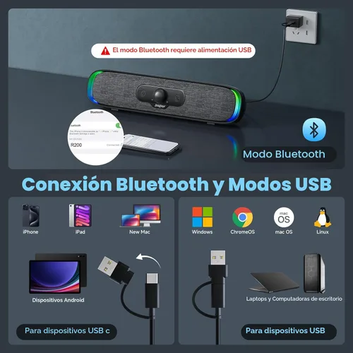 Vista 5 de SOULION R200 Altavoces Bluetooth para Computadora, Altavoces Compactos para PC, Altavoz de Escritorio USB C/USB Plug & Play con Luces LED Coloridas