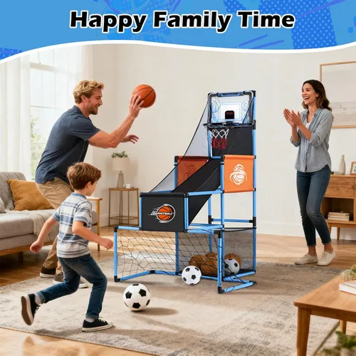 Vista 5 de Juego de Arcade de Baloncesto y Portería de Fútbol 2 en 1 para Niños, Aro de Baloncesto Ajustable para Niños con 6 Pelotas y Bomba