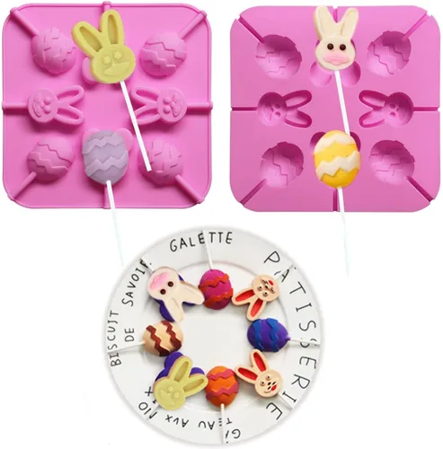 Vista 4 de Paquete de 2 moldes de silicona para piruletas de Pascua, 8 moldes de silicona para piruletas de conejito de cavidad, molde de caramelo duro