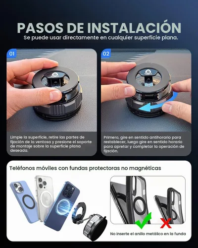 Vista 6 de JunDa Soporte magnético para teléfono con ventosa, soporte de automóvil retráctil plegable ajustable de 360°, compatible con iPhone, Android y todos