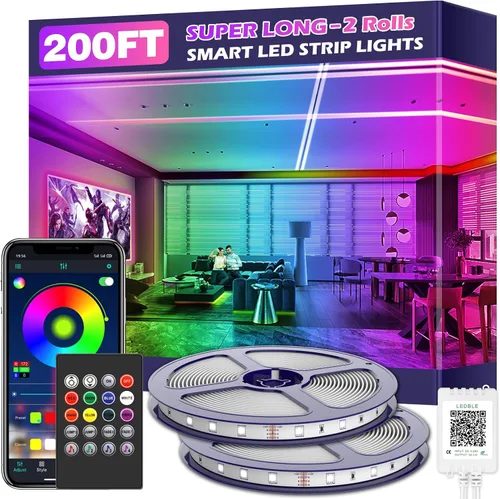 Vista 9 de Tira de luces LED inteligentes, con sincronización de música, 5050 RGB, luces que cambian de color, aplicación Bluetooth, control remoto por