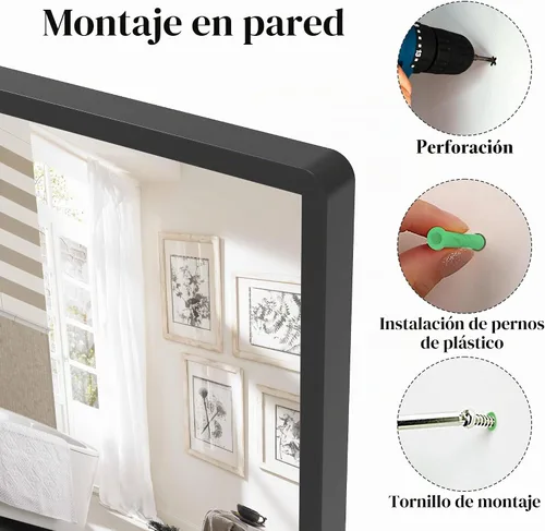 Vista 5 de Espejo de baño con estante, espejo de pared rectangular negro, marco de metal, colgante horizontal o vertical (24 x 20 pulgadas)