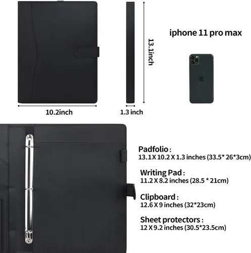 Vista 2 de Portafolio WONDERPOOL A4 de piel sintética con anillo, estuche para documentos con portafolio extraíble, multibolsillo y bloc legal para organizador