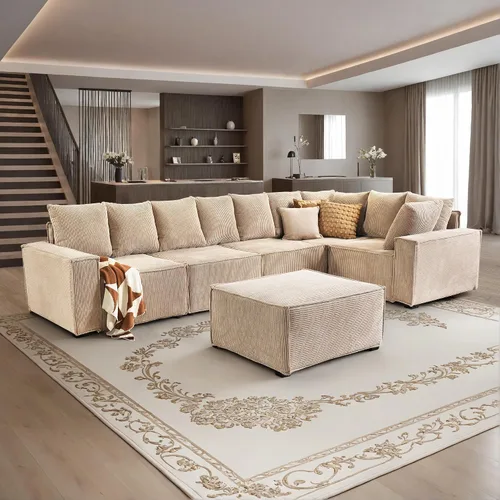 Vista 10 de CAODOC Luxuly - Juego de sofá modular de pana en forma de U, sofá modular reversible, 125 pulgadas de ancho, sofá modular de 6 asientos con otomana
