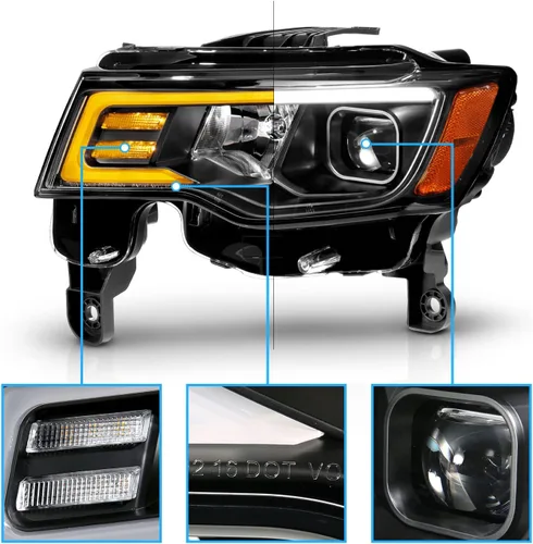 Vista 3 de AmeriLite - Conjunto de faros delanteros de repuesto para Jeep Grand Cherokee Switchback 2017-2022, faros de proyector cuadrados LED, negro, lado
