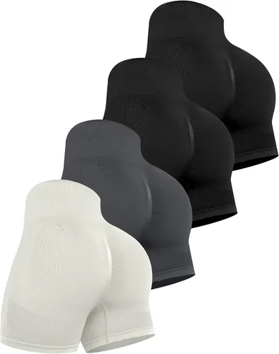 Vista 33 de CHRLEISURE Pantalones Cortos de Entrenamiento para Mujer, 4 Paquetes, Cintura Alta, Levantamiento de Glúteos con Fruncido, Pantalones Cortos Booty