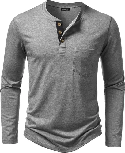 Vista 9 de LucMatton - Camiseta Henley para hombre, ligera, casual, elástica, ajuste entallado, manga larga, con bolsillo Verde militar