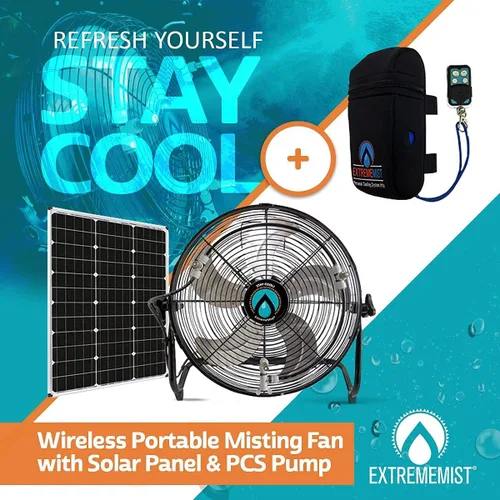 Vista 2 de EXTREMEMIST Ventilador de nebulización solar de 14 pulgadas Pro - 4 boquillas de niebla, panel solar de 30 W Bomba desmontable con línea