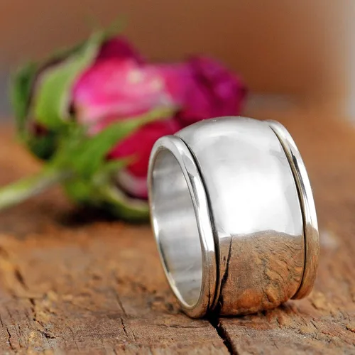 Vista 7 de Boho-Magic Anillo giratorio de plata de ley 925 para mujer, anillo de cúpula ancha, Metal, no aplica